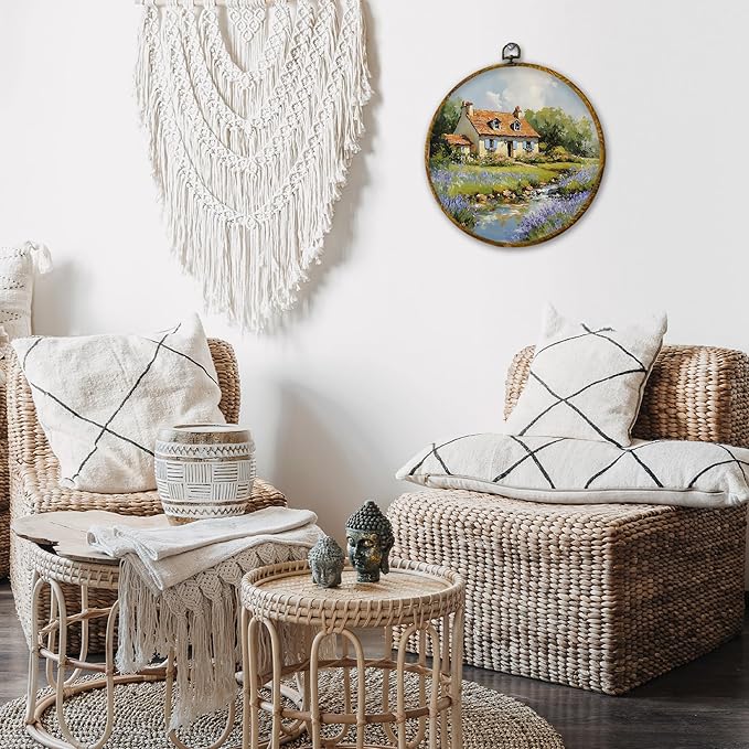 shiviody Rustic Country Canvas Wall Art Decor, Countryside Wildflower Landscape Wall Decor, Wild Fields Floral Round Hanging Frame Prints Decorations for Farmhouse Living Room Bedroom 10"x10"