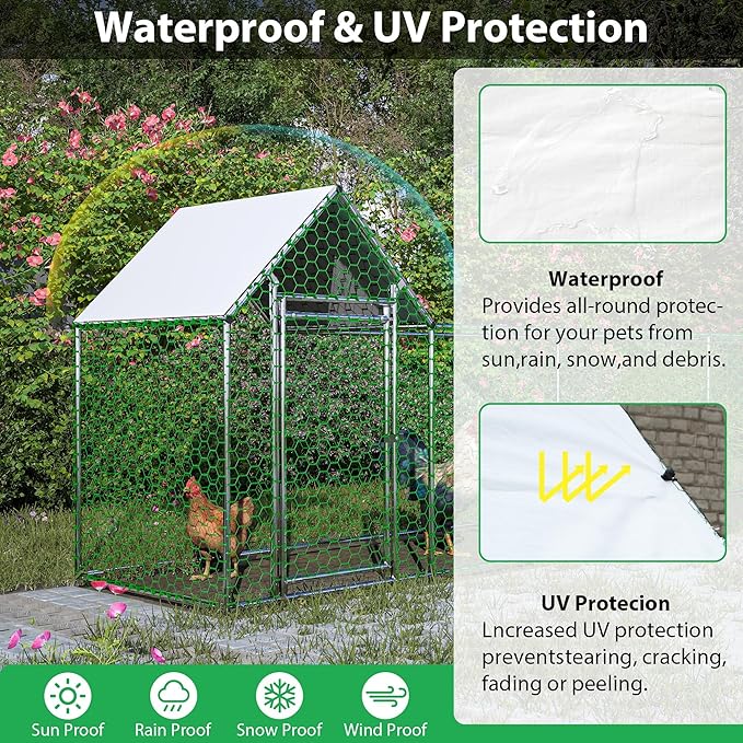 Metal Chicken Coop with Waterproof Cover, 16x3x5ft Chicken Run for Yard, Outdoor Backyard Farm Walk-in Hen House, Chickens Poultry Cage for Ducks, Rabbits and Small Pets