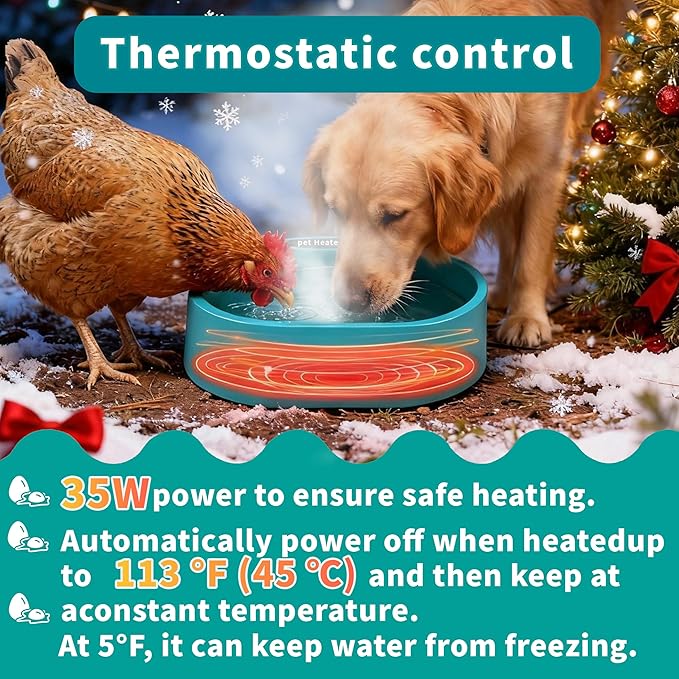 Heated Chicken Waterer, 125OZ Large Capacity Heated Water Bowl for Chickens Coop Dogs Cats Duck Rabbit, Outdoor Freeze Proof Poultry Waterer in Winter with Thermostatic Control