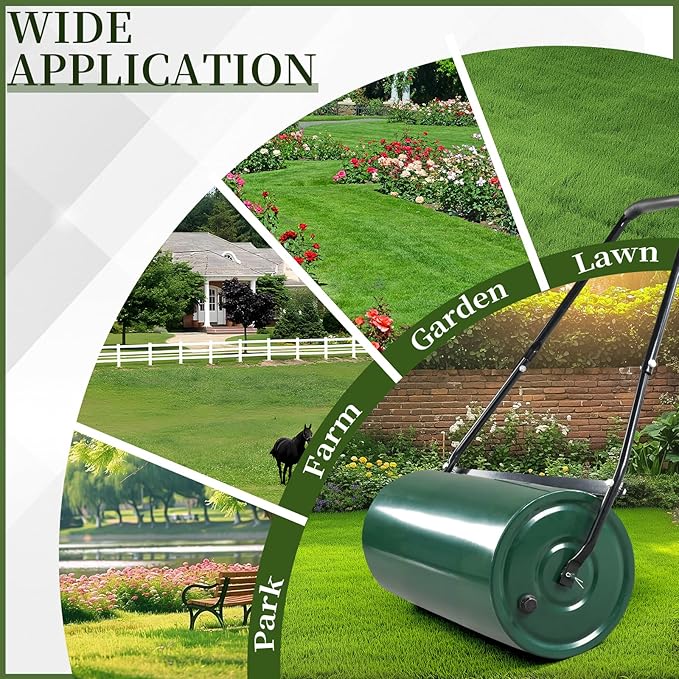 24in Heavy Duty Steel Lawn Roller,Manual Hand Lawns Roller,Water or Sand Filled Garden Rollers,Push/Tow-Behind Yard Rollers,with U-Shaped Handle,for Garden Yard Park Backyard Farm (Green & Black)