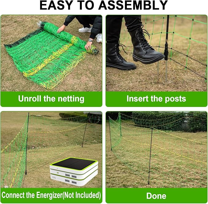 TMEE Electric Fence Netting Livestock Fencing for Goat with 14 Posts Double Spiked, Portable Mesh for Sheep, Deer, Hogs, Dogs in Backyards, Farms and Ranches, 49.6" H x 164' L, Green