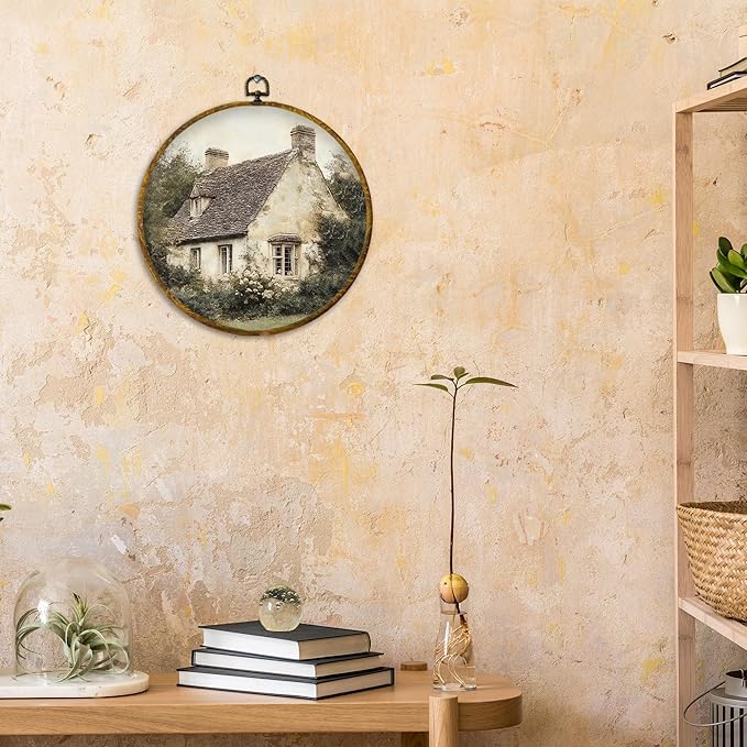 CUANFDDSF Vintage Rustic Countryside Round Wall Art, Retro Farmhouse Framed Hanging Wall Decor, Cottagecore Antique Country Landscape Canvas Prints Decorations for Home Bedroom Living Room, 10x10 Inch