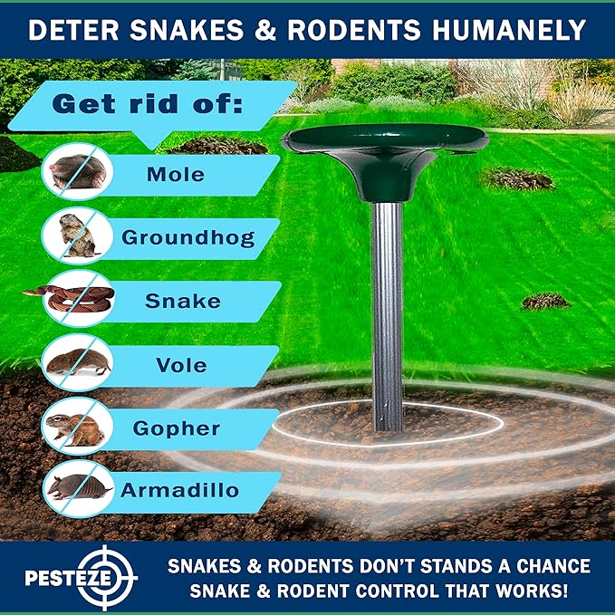 PESTEZE Solar Snake & Rodent Sound Deterrent. Auditable Sound Deters Snakes & Burrowing Rodents Like Moles, Voles Gophers, Chipmunks, Groundhogs & Woodchucks from Destroying Gardens & Vegetables