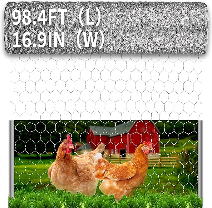 Chicken Wire, 16.9in x 98.4ft Poultry Netting for Garden, 0.6 Inch Hexagonal Galvanized Hardware Garden Fence for Craft Projects, Pet Dog, Rabbit Chicken Fence