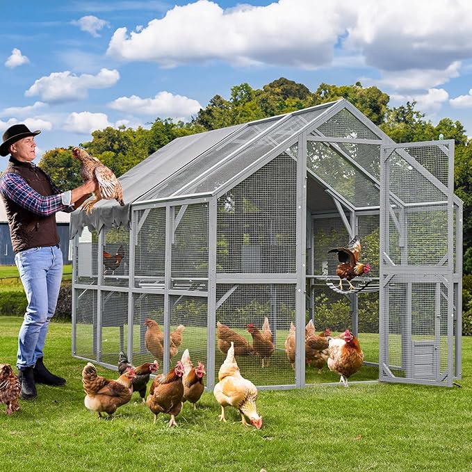 KEIKI 110"L Outdoor Large Chicken Coop with Waterproof Cover, Roosting Platform, Wire Mesh & 2 Lift Small Doors with Locks, Wood Chicken Coop House with Run for Cat Kitten Playpen, Duck, Rabbit, Quail