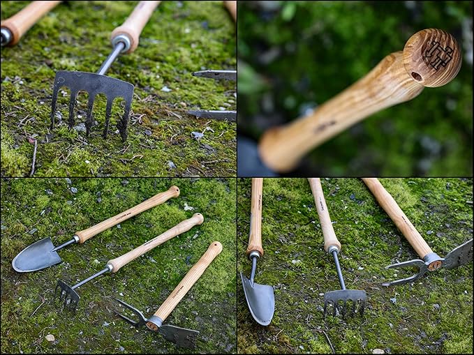 IDEALSPATEN Small Garden Tool Set Collection - 4 Piece Set - Panzer Field Shovel, Heidelberg Hand Mattock, Hanover Hand Rake, Lübeck Hand Shovel