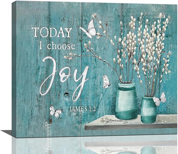 Farmhouse Teal Flower Wall Art Rustic Teal Floral Butterfly Pictures Wall Decor Country Pussy Willow Canvas Prints Flower Artwork Home Decoration For Bathroom Bedroom Kitchen Framed 24"x20"