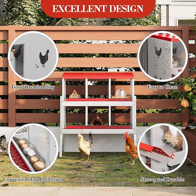 Chicken Nesting Box,6 Compartments Galvanized Steel Metal Chicken Laying Box with Roll Out Egg Collection,Wall Mount Chicken Nesting Boxes,Easy Egg Collection, Hen Roosting Boxes