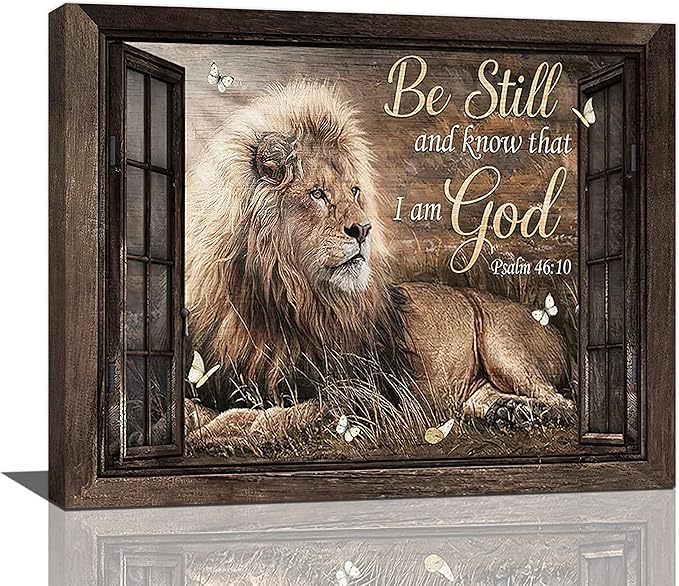 banonaty Lion Wall Art Rustic Farmhoues Christian Decor Of Judah Pictures Canvas Prints Artwork Inspirational Psalm Scripture Gifts Home Decorations For Bathroom Kitchen Office Framed 20''x16''