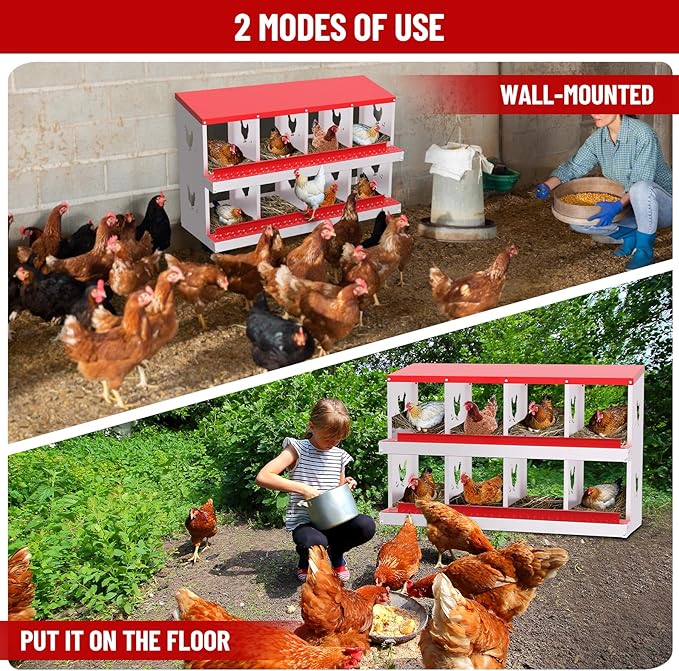 8-Compartment Metal Nesting Box for Chickens, 0.7mm Galvanized Steel Laying Box with Roll-Away Egg Collection, Perch & Lid, Wall Mount or Freestanding (Red)