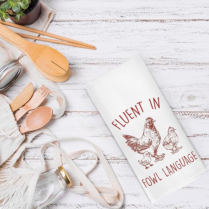 Funny Chicken Kitchen Dish Towels 16x24 Inch, Red Crazy Chicken Gifts for Chicken Lover Chicken Mom, Fluent in Fowl Language Decorative Hand Towels Tea Towels for Farmhouse Home