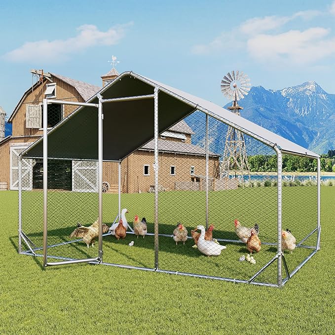 Aoxun Metal Chicken Coop, Outdoor Chicken Runs for Yard with Cover, Spire Roof Hen House Enclosure with Security Lock, Walk-in Cage Peak Hen House for Yard Farm (10x6.5x6.4 FT)