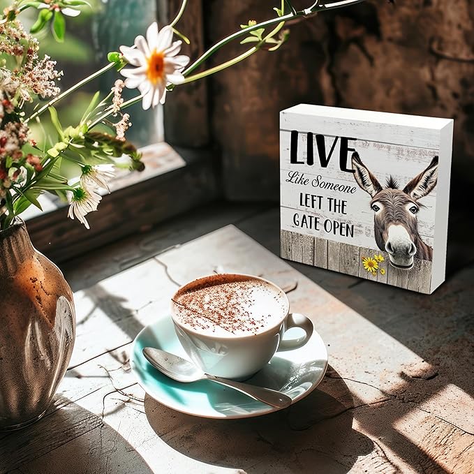 Rustic Farmhouse Wooden Sign - Funny Retro Donkey Decor, Office Decor for Women, Donkey Lovers Gifts, Live like Someone Tabletop Shelf Desk 5x5 Inch