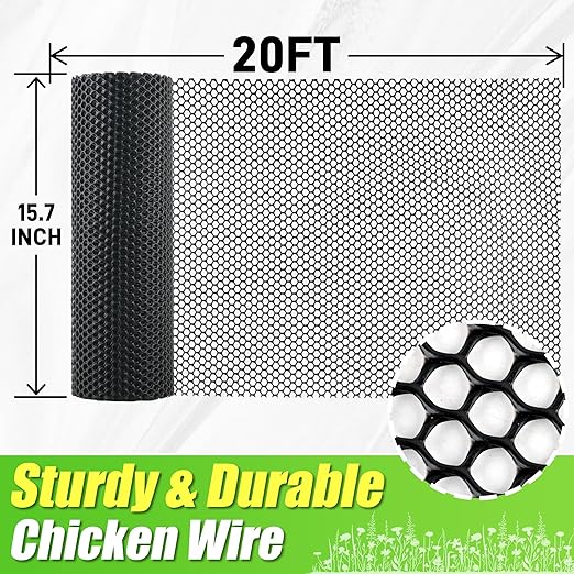 Black Plastic Wire Mesh Fence Roll - 15.7IN x 20FT Plastic Chicken Wire Mesh for Poultry， Chicken Puppy Rabbit, Floral-Plastic Fence