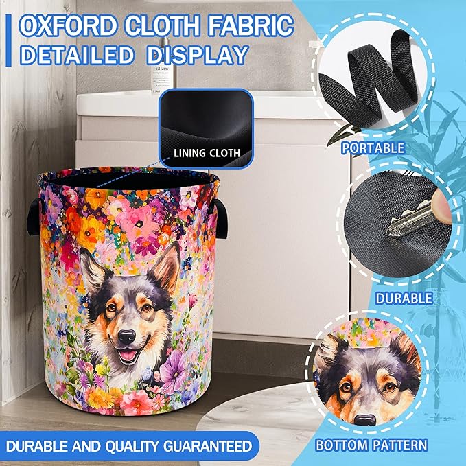 Dog Laundry Basket Oxford Cloth Pet Flowers Laundry Hamper With Handle Foldable Portable Clothes Storage Basket 18.9 X 16.5 In Storage Bag For Laundry Room/Bathroom/Bedroom/Dormitories