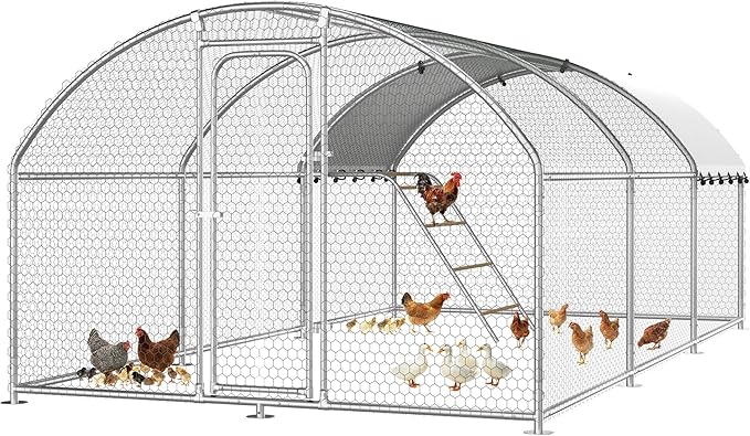 Large Metal Chicken Coop with Roosting Perch, Walk-in Poultry Cage Chicken Run House Chicken Pen Dome Shaped Coop with Waterproof Cover for Outdoor Backyard Farm Use (10' L x 19.7' W x 6.4' H)