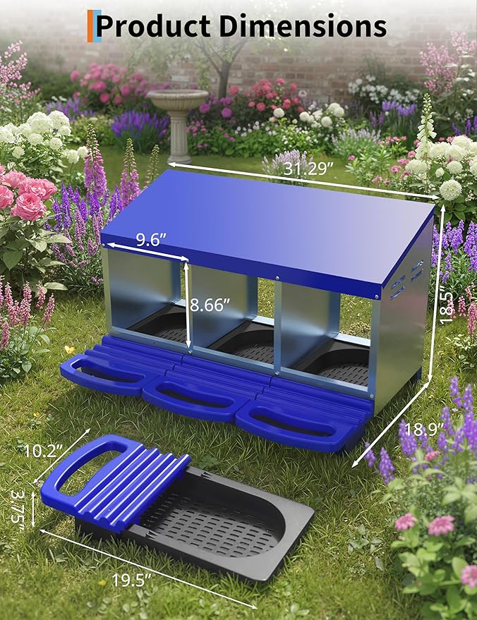 Chicken Nesting Box 3 Hole, Galvanized Steel Nest with Roll Away Egg Collection & Swing Perch, Easy-Clean Laying Box for Hens, Heavy Duty Design for Chicken Coop
