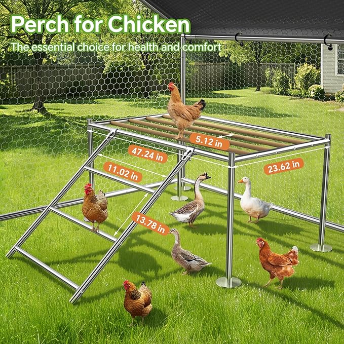 Large Metal Chicken Coop with Roosting Ladder, Waterproof and UV-Resistant Cover,Outdoor Chicken Run for Yard Farm Rabbit Duck, Spire Roof