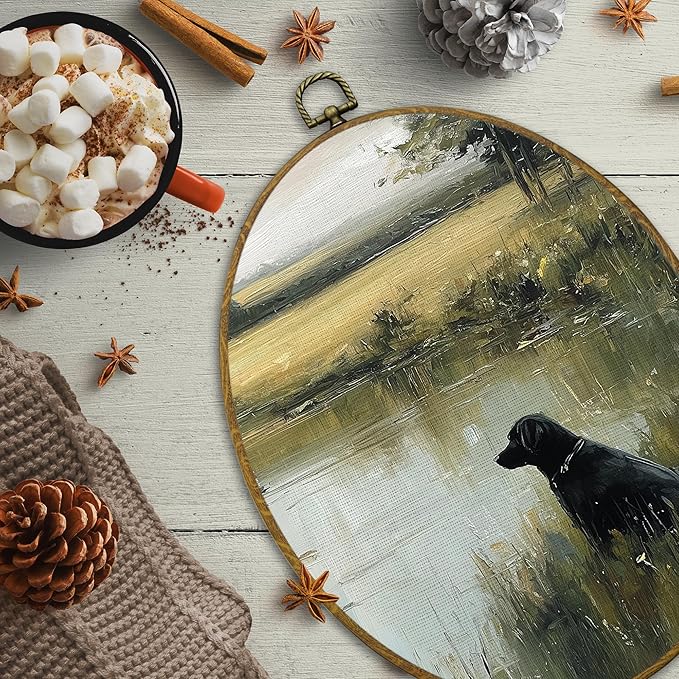 CUANFDDSF Vintage Black Labrador Landscape Oval Wall Art Decor, Countryside Cottagecore Farmhouse Cabin Wall Hanging Decor, French Country Framed Canvas Prints for Bedroom Living Room, 8.6x11.4 Inch