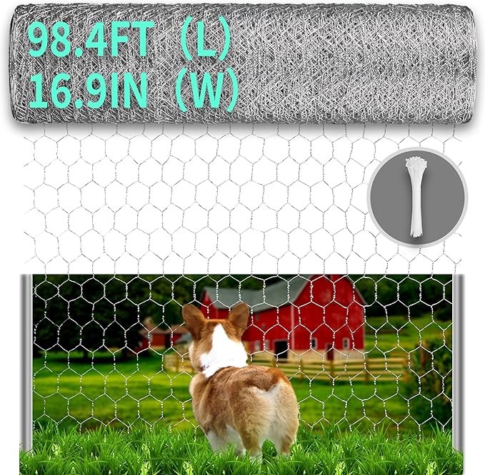 Chicken Wire, 16.9in x 98.4ft Poultry Netting for Garden, 0.6 Inch Hexagonal Galvanized Hardware Garden Fence for Craft Projects, Pet Dog, Rabbit Chicken Fence