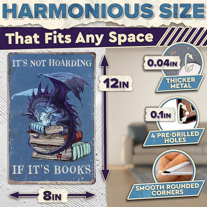 It's Not Hoarding If It's Books Metal Sign – Dragon Wall Art, Durable Non-Fade Tin Sign, Funny Vintage Dragon Wall Decor 8x12", Great Valentines Day Gifts for Book Lovers, Bedroom, Cafe, Library Decor