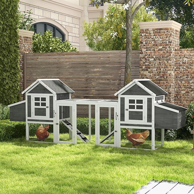 PawHut Dual Wooden Chicken Coop with Garden Bed, Large Outdoor Hen House with Nesting Boxes Removable Trays, Ramps Run, for Garden Backyard, 123" x 27.5" x 42.5", Dark Gray