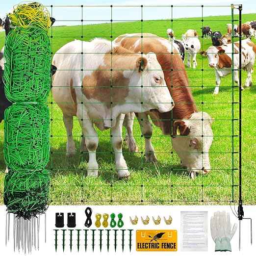 Electric Fence Netting, Portable Livestock Fencing for Sheep, Cattle, Net Fencing Kit with 14 Posts Double Spiked, Movable Poultry Netting for Backyards, Homesteaders, Farms Ranches (164 * 42.5)