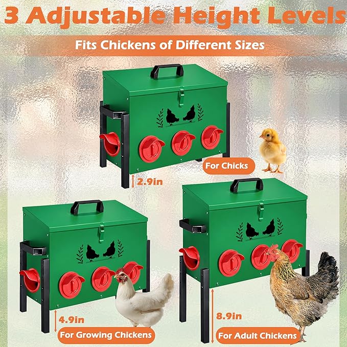 Large Capacity Automatic Chicken Feeder, 8 Port Chicken Feeder, 48LB Metal Chicken Feeders with Locking Lid & Adjustable Legs, No Waste Chicken Feeder, Green