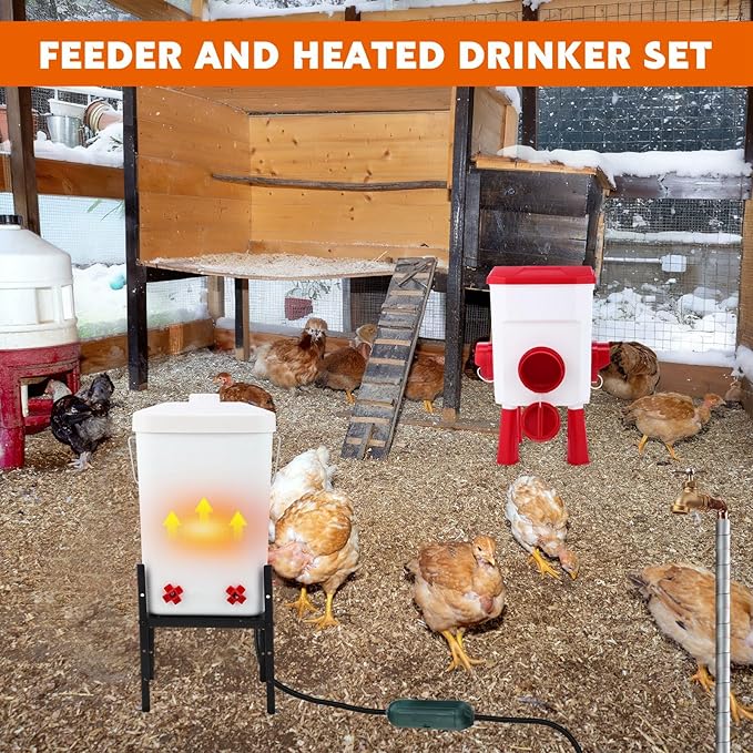 4 Pcs 1.8 Gallon 2 in 1 Heated Chicken Waterer with Heated Stainless Steel Table 18 Pounds Automatic Chicken Feeder Waterproof Outlet Box Pipe Insulation Tape Wrap for Winter Chick Coop
