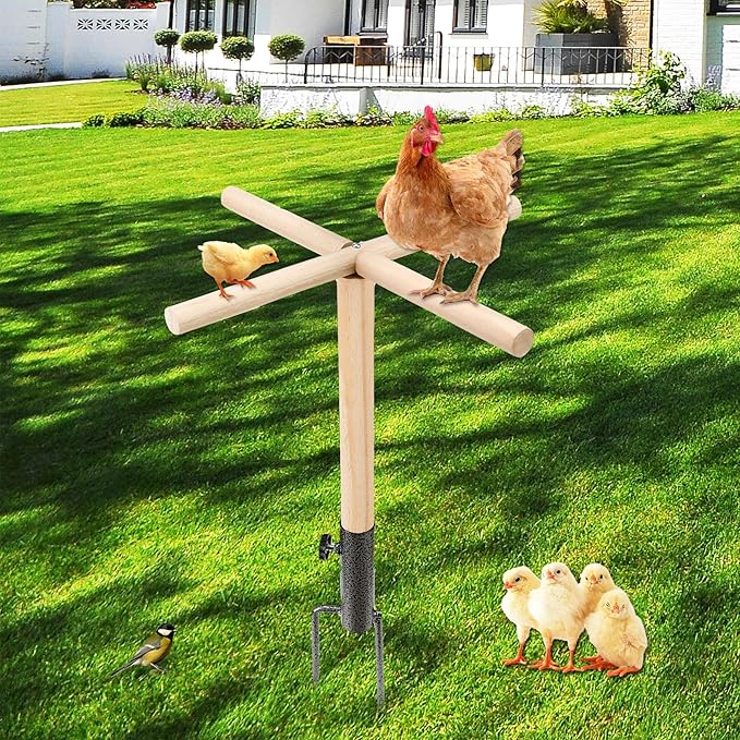 Chicken Perch Toys for Coop, Chick Perch Stand Wooden with Metal Ground Plug, Reusable Chicken Roosting Bar Ladder Backyard Playground Toys Suitable for Poultry Rooster Chicks Bird Parrot