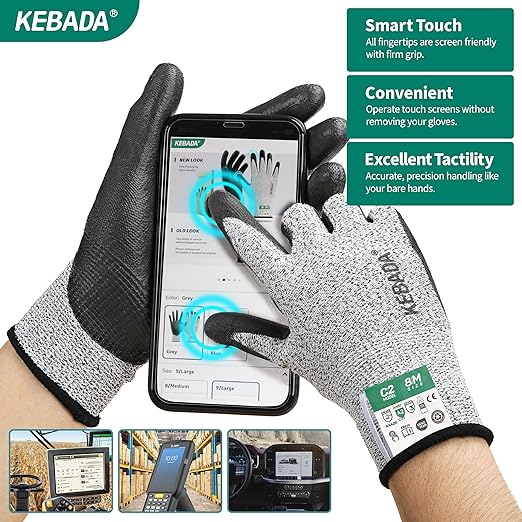 Kebada Cut Resistant Gloves, ANSI A2 Cutting Glove, PU Coated, Touchscreen, Multi-Purpose Model C2, 6 Pairs, Medium