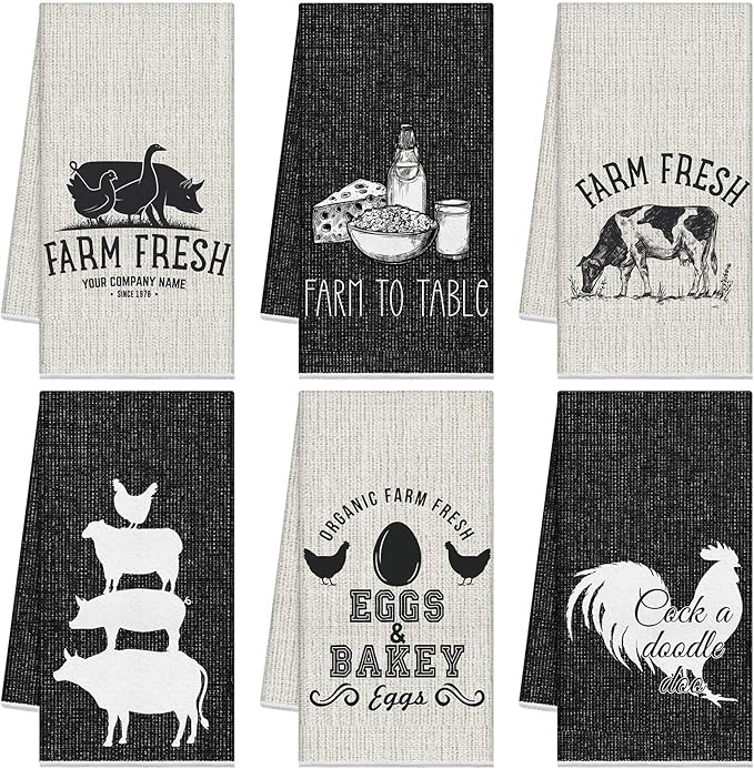 Redbaker 6 Pcs Farm Animal Kitchen Towels Farmhouse Funny Dish Towel Rustic Hand Towels Rooster Cow Pig Decorative Tea Dishcloth Absorbent with Hanging Loop for Kitchen Bathroom Housewarming Gift