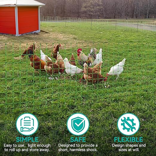 Electric Poultry Fence Netting - 164'L x 41.5" H, Portable Movable Nets Mesh for Chickens, Ducks, Geese, Rabbits, Electric Fencing for Backyards, Homesteaders, Farms Ranches, and Gardens