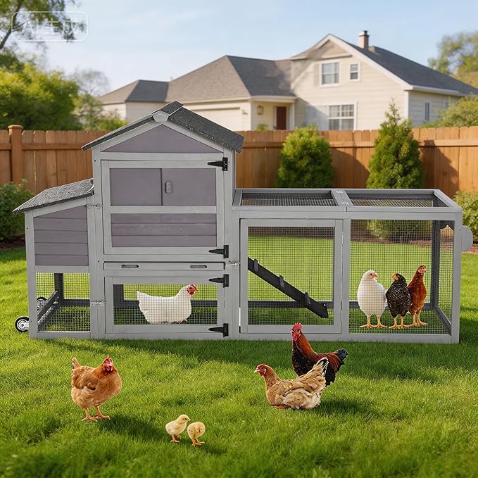 Chicken Coop Wooden with Wheels, Expandable Outdoor Chicken Tractor with Nesting Box & Pull-Out Tray, Easy-Clean Poultry Coop for 2–3 Chickens & Ducks