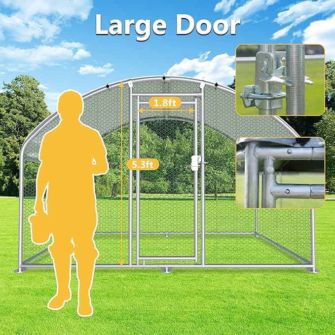 HITTITE Large Metal Chicken Coop with Run, 9.84 x 6.4 x 6.23 ft Walk in Poultry Cage Chicken Run Pen, Dome Roof Outdoor Chicken Runs for Yard with Waterproof & Anti-UV Cover