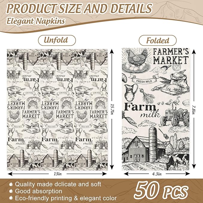 50Pcs Milk Farm Guest Napkins Cow House Disposable Paper Napkins Vintage Farmers Market Dinner Hand Napkin for Party Supplies Table Decor