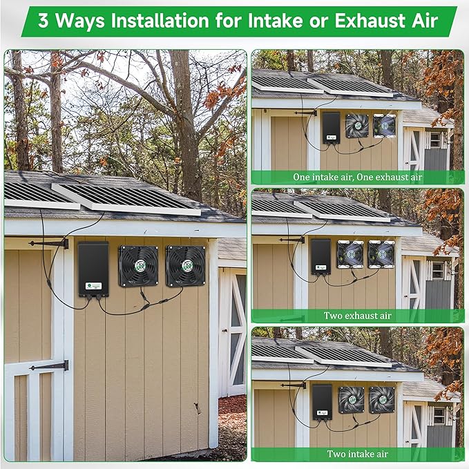 5.5" Solar Rechargeable 2 Fan Kit for Intake or Exhaust air, Weatherproofed 50W Solar Powered Fans for Outside Chicken Coops, Greenhouses, Shed, Pet House Air Ventilation