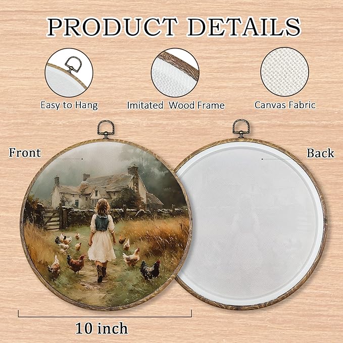 Pugwak Vintage Rustic Farmhouse Round Wall Art Decor, Farmhouse Farm Little Girl Chicken Canvas Art Framed, Cottagecore Country Artwork Wall Hanging Decor for Home Bedroom Living Room, 10x10in