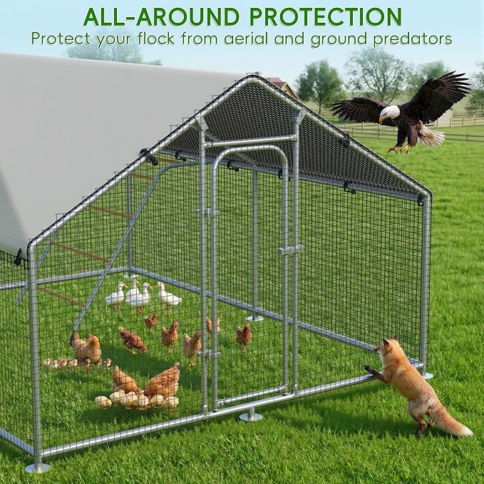 Large Metal Chicken Coop Run with Roosting Perch, Outdoor Poultry Cage with Heavy Duty Wire Mesh and UV-Resistant Cover for Chickens Use, Spire Roof (8.9'W x11.8'L x 6.6'H)