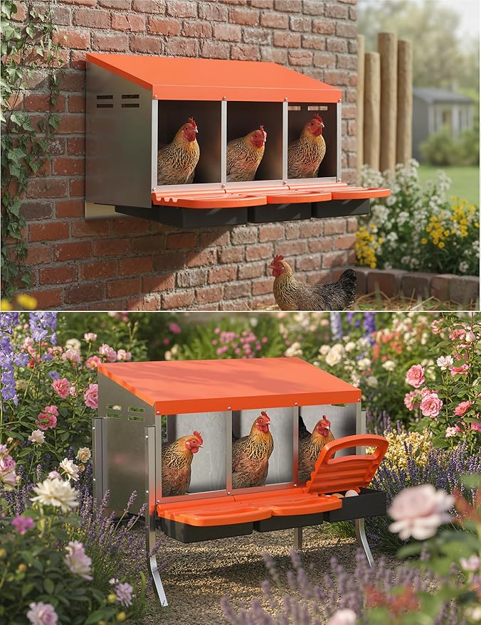 Chicken Nesting Boxes, 3 Hole Metal Rollaway Nest Box for Laying Hens with Cleanable Pull-Out Trays Wall Mount or Placed Design for Easy Egg Collection & Cleaning(Includes Legs)