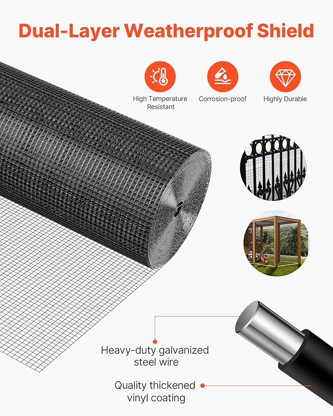 VEVOR Hardware Cloth 60 in x 50 ft, 1/2 in 19 Gauge Galvanized Wire Mesh Roll, Weather-Resistant Vinyl Coated Chicken Wire Fencing, Heavy Duty Welded Garden Plant Fencing for Rabbit Cage Snake Fence