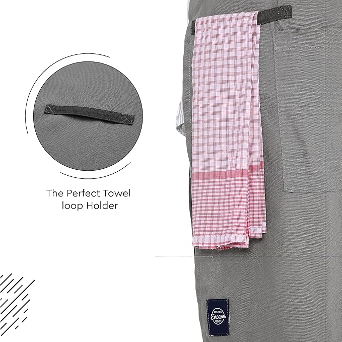 Encasa XO Adjustable Kitchen Cotton Apron With Pockets & Towel Holder Of Size 27x33 in (Grey) for Men & Women Chefs For Cooking & Baking in Home, Restaurants & Barbeque