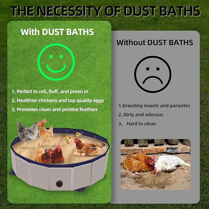 Chicken Dust Bath Tub, Chicken Coop Lime Cleaner Container, 32" D X 8" H PVC Material Foldable Portable Essential Chicken Coop Dusting Accessory. (Grey)