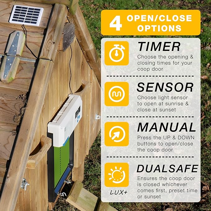 ChickenGuard Automatic Chicken Coop Door Opener, Solar/Battery Powered Poultry Door, Timer/Light Sensor Control, Predator Protection, Anti-Pinch Safety, Winter Mode, Easy Install (Green + Solar Kit)