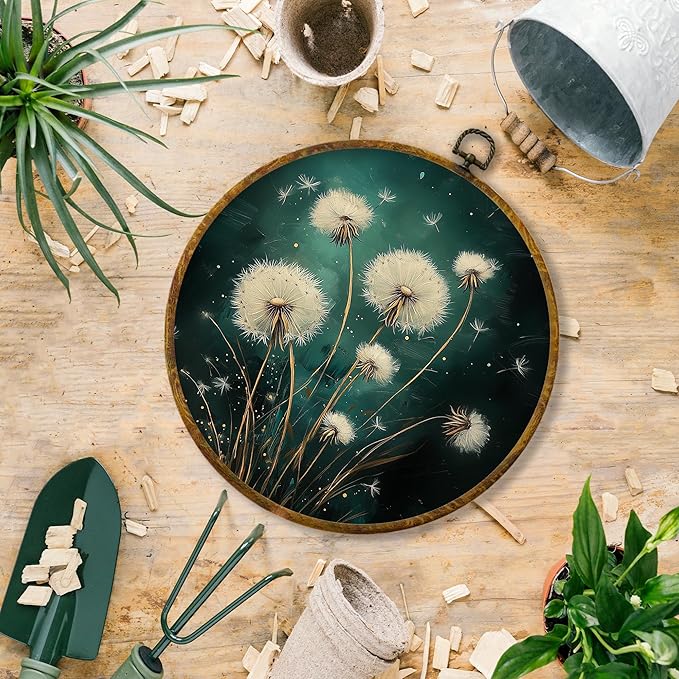 Hiuwevt Deep Green Dandelion Round Wall Art Decor, Moody Dark Floral Botanical Framed Canvas Prints, Rustic Cottagecore Plant Round Wall Hanging Decor for Bedroom Home Decorations, 10x10 Inches