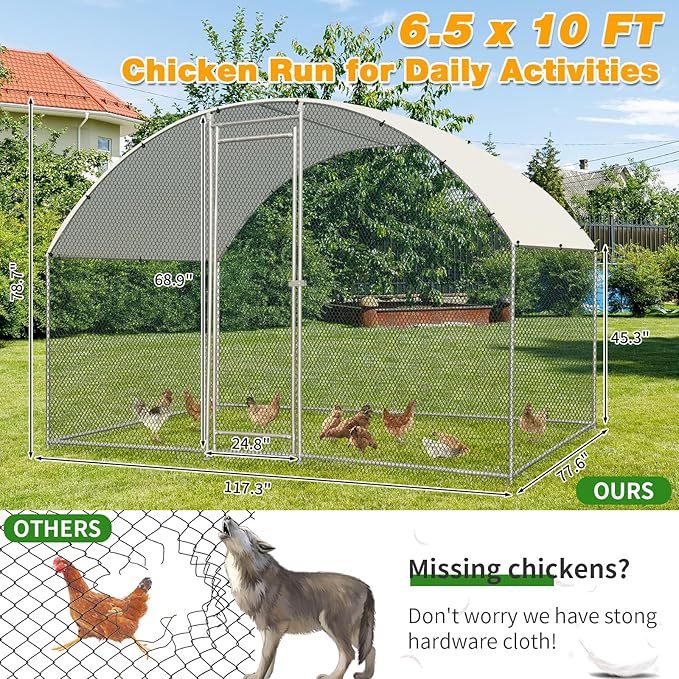 VINGLI Large Metal Chicken Coop, 6.5x9.8x6.5 ft Poultry Cage for Chicken Run, Walk-in Chicken Pen with Waterproof & Anti-UV Cover for Yard Outdoor (Silver-Dome Roof)
