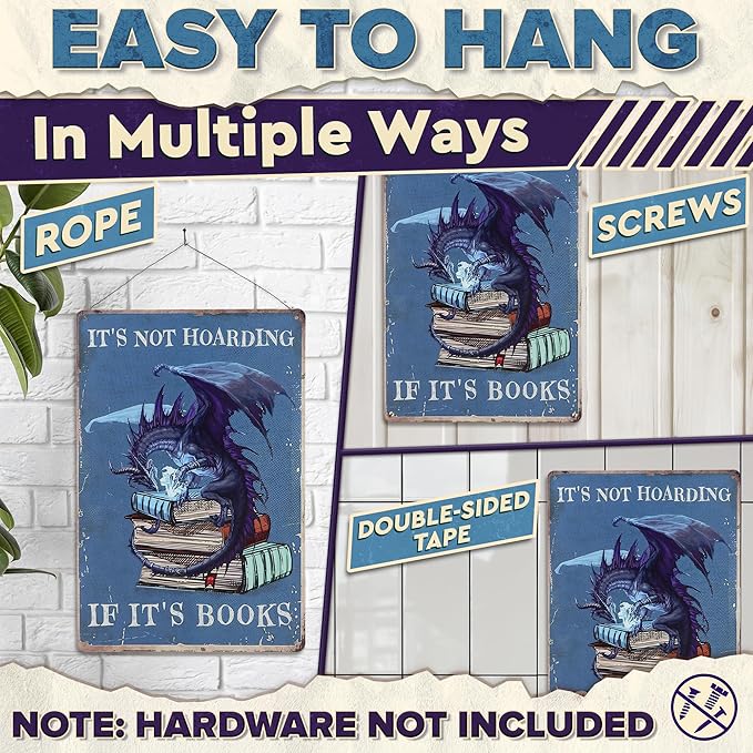 It's Not Hoarding If It's Books Metal Sign – Dragon Wall Art, Durable Non-Fade Tin Sign, Funny Vintage Dragon Wall Decor 8x12", Great Valentines Day Gifts for Book Lovers, Bedroom, Cafe, Library Decor
