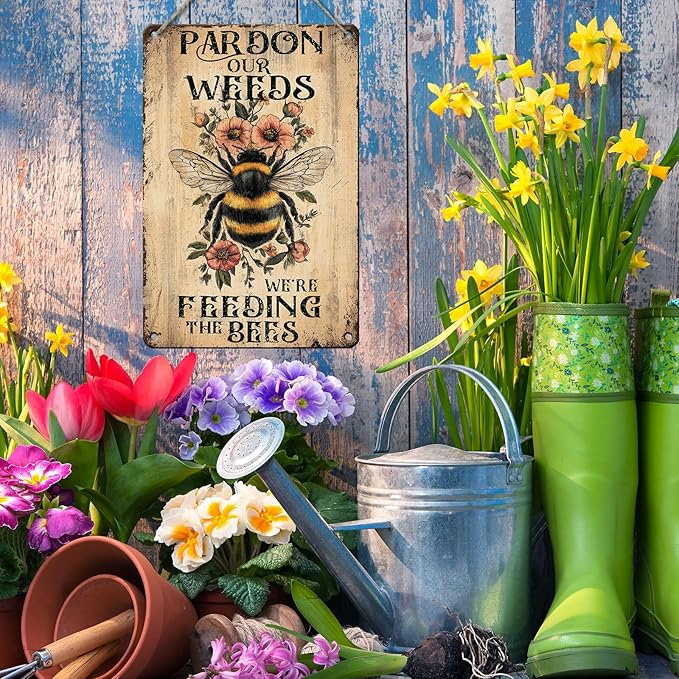 PEACHGARDEN Vintage Garden Decor Patio Outdoor Wall Decor Pardon The Weeds We Are Feeding The Bees Wildflowers Metal Sign Summer Garden Decor Yard Sign Outdoor Decor 8x12inch