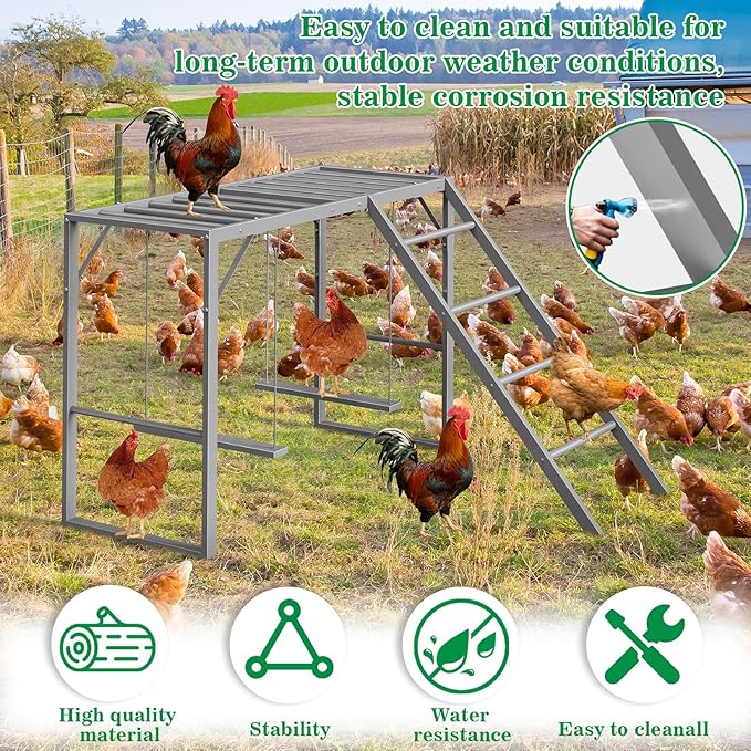 Chicken Perch Swing, Chicken Roosting Bars with Ladder for Coop, Metal Pet Swing Set for Pet's Healthy & Happy for 8-10 Chick, Grey