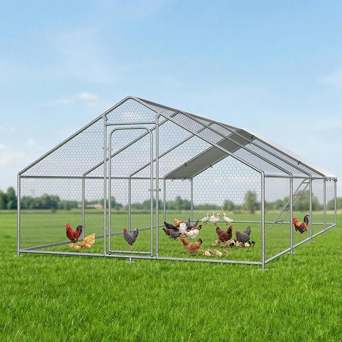 Large Metal Chicken Coop Run with Roosting Perch– Outdoor Waterproof & UV-Resistant Cover for Chickens, Ducks, Rabbits in Yard or Farm Use Spire Roof (13.1'Wx26.2'Lx 6.5'H)